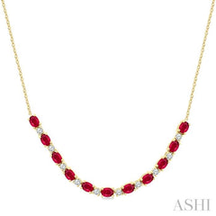4X3 MM Oval Shape Ruby and 1/2 Ctw Round Cut Diamond Precious Tennis Necklace in 14K Yellow Gold