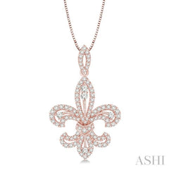 7/8 Ctw Round Cut Diamond Fleur De Lis Diamond Pendant in 14K Rose Gold with Chain