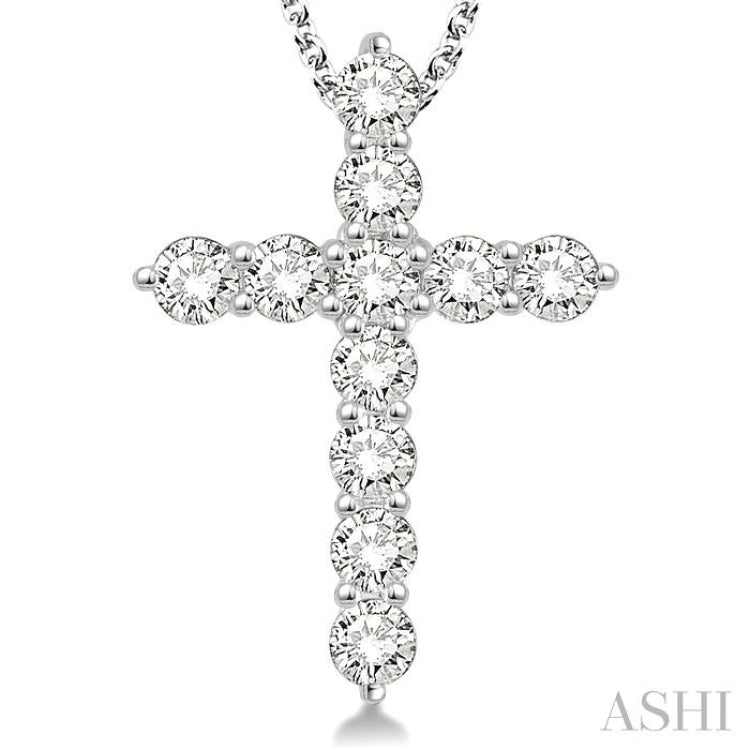 1 1/2 Ctw Round Cut Diamond Cross Pendant in 14K White Gold with Chain