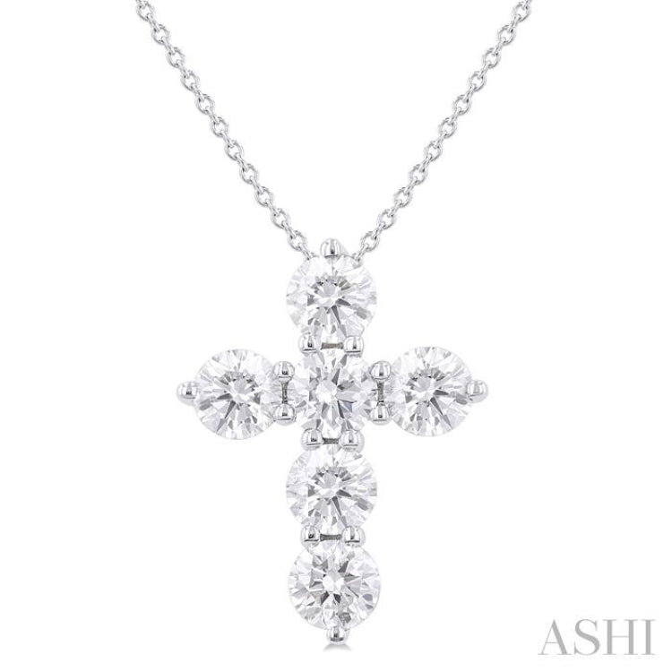 2 Ctw Round Cut Diamond Christian Cross 6-Stone Fashion Pendant With Chain in 14K White Gold