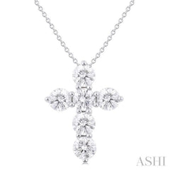 2 Ctw Round Cut Diamond Christian Cross 6-Stone Fashion Pendant With Chain in 14K White Gold