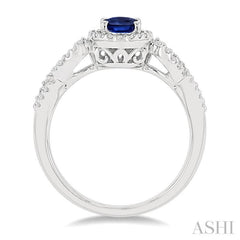 7x5 MM Oval Cut Sapphire and 1/5 Ctw Twisted Split Shank Round Cut Diamond Precious Ring in 14K White Gold