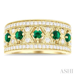 2.8 MM Hexagon Window Emerald and 1/2 Ctw Round Cut Diamond Precious Fashion Band in 14K Yellow Gold