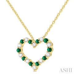 1.80 MM Round Cut Emerald and 1/4 Ctw Open Heart Round Cut Diamond Precious Fashion Pendant With Chain in 14K Yellow Gold