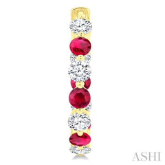 3.3 MM Round Cut Ruby and 1 5/8 Ctw Round Cut Diamond Precious Inside-Out Alternating Hoop Earrings in 14K Yellow Gold