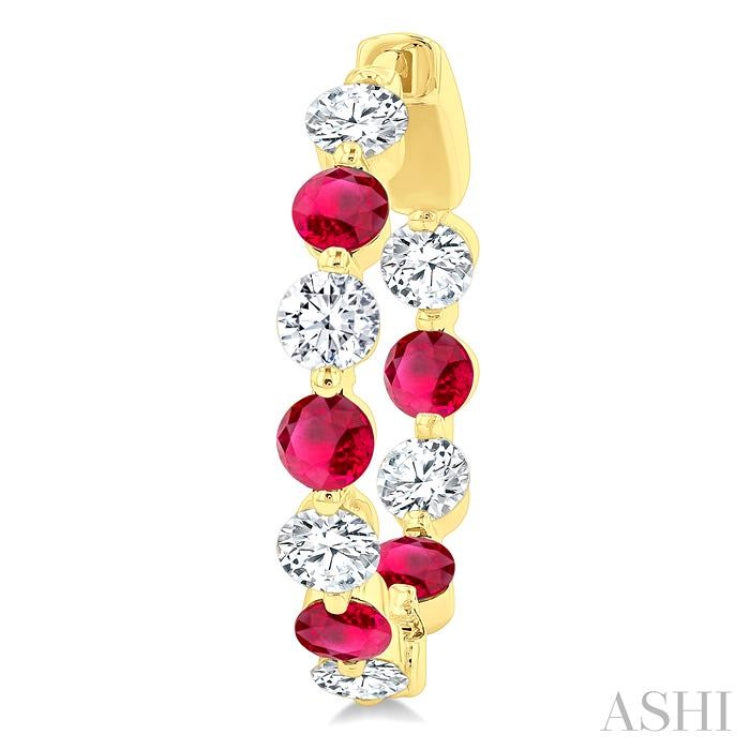 3.3 MM Round Cut Ruby and 1 5/8 Ctw Round Cut Diamond Precious Inside-Out Alternating Hoop Earrings in 14K Yellow Gold