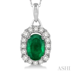 6x4 MM Oval Cut Emerald and 1/6 Ctw Round Cut Diamond Precious Pendant in 14K White Gold with Chain