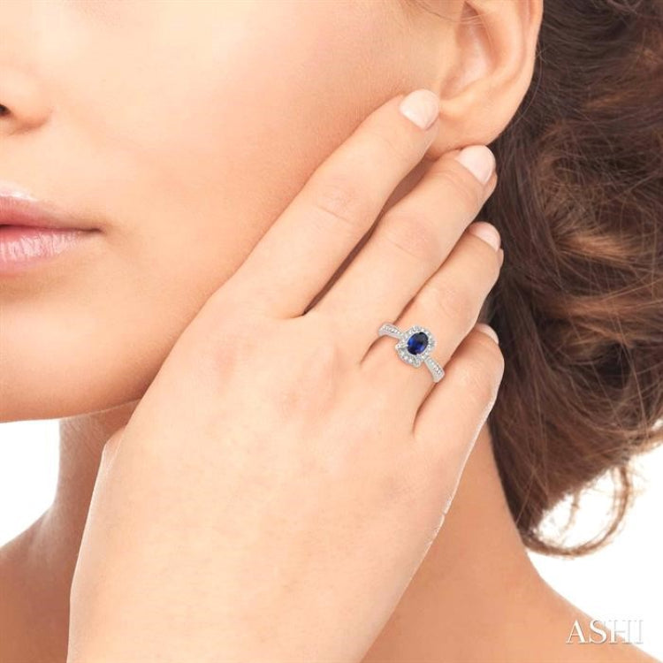 6x4 MM Oval Shape Sapphire and 1/6 Ctw Single Cut Diamond Ring in 10K White Gold