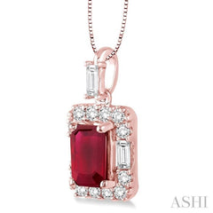 6x4 MM Octagon Cut Ruby and 1/3 Ctw Round Cut Diamond Precious Pendant in 14K Rose Gold with Chain