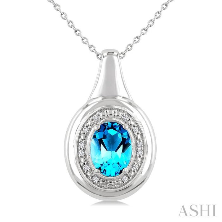 8X6 MM Oval Shape Blue Topaz and 1/20 Ctw Single Cut Diamond Semi-precious Pendant With Chain in Sterling Silver