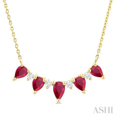 5x3 MM & 4x3 MM Pear Cut Ruby and 1/8 Ctw Round Cut Diamond Precious Necklace in 14K Yellow Gold