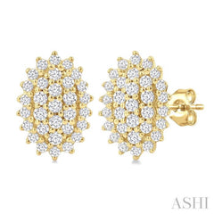 1/5 Ctw Petite Oval Shape Round Cut Diamond Cluster Fashion Stud Earring in 10K Yellow Gold