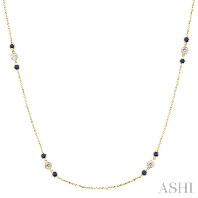 2.25 MM Sapphire and 1/2 Ctw Round Cut Diamond Precious Station Necklace in 14K Yellow Gold