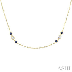 2.25 MM Sapphire and 1/2 Ctw Round Cut Diamond Precious Station Necklace in 14K Yellow Gold