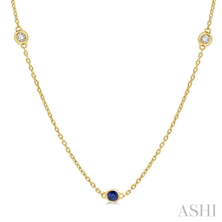 2.25 MM Sapphire and 1/4 Ctw Round Cut Diamond Precious Station Necklace in 14K Yellow Gold