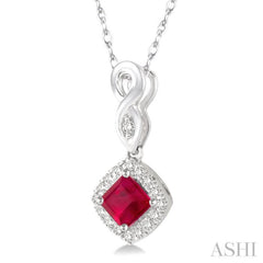 4x4 MM Cushion Shape Ruby and 1/10 Ctw Round Cut Diamond Pendant in 14K White Gold with Chain