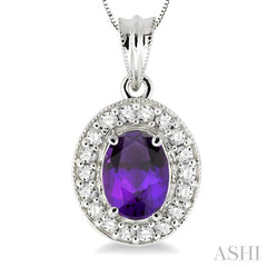 8x6 MM Oval Cut Amethyst and 1/3 Ctw Round Cut Diamond Pendant in 14K White Gold with Chain