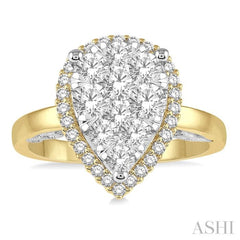 1 Ctw Round Diamond Lovebright Pear Halo Engagement Ring in 14K Yellow and White Gold
