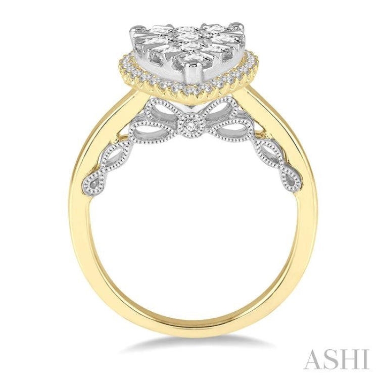 1 Ctw Round Diamond Lovebright Pear Halo Engagement Ring in 14K Yellow and White Gold