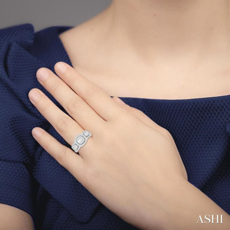 3/4 Ctw Cushion Shape Past, Present & Future Fusion Baguette and Round Cut Diamond Engagement Ring in 14K White Gold