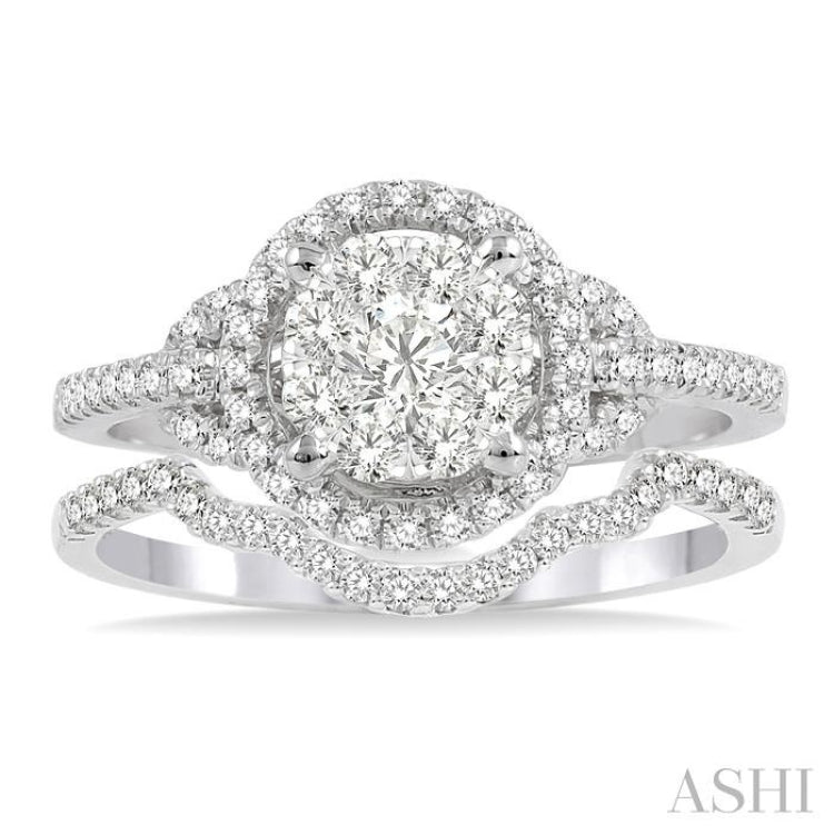 3/4 Ctw Diamond Wedding Set with 5/8 Ctw Lovebright Round Cut Engagement Ring and 1/10 Ctw Wedding Band in 14K White Gold