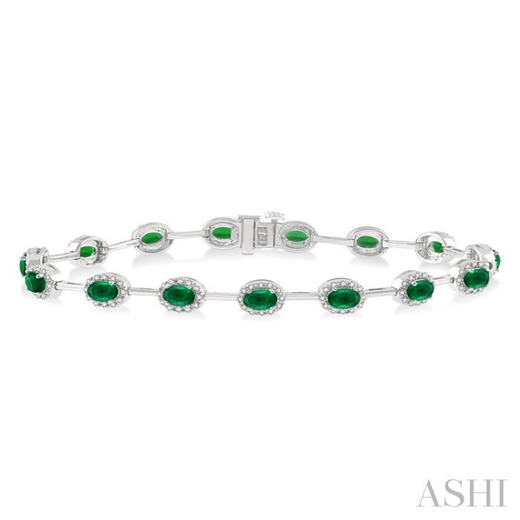 5x3 MM Oval Cut Emerald and 5/8 Ctw Round Cut Diamond Precious Bracelet in 14K White Gold