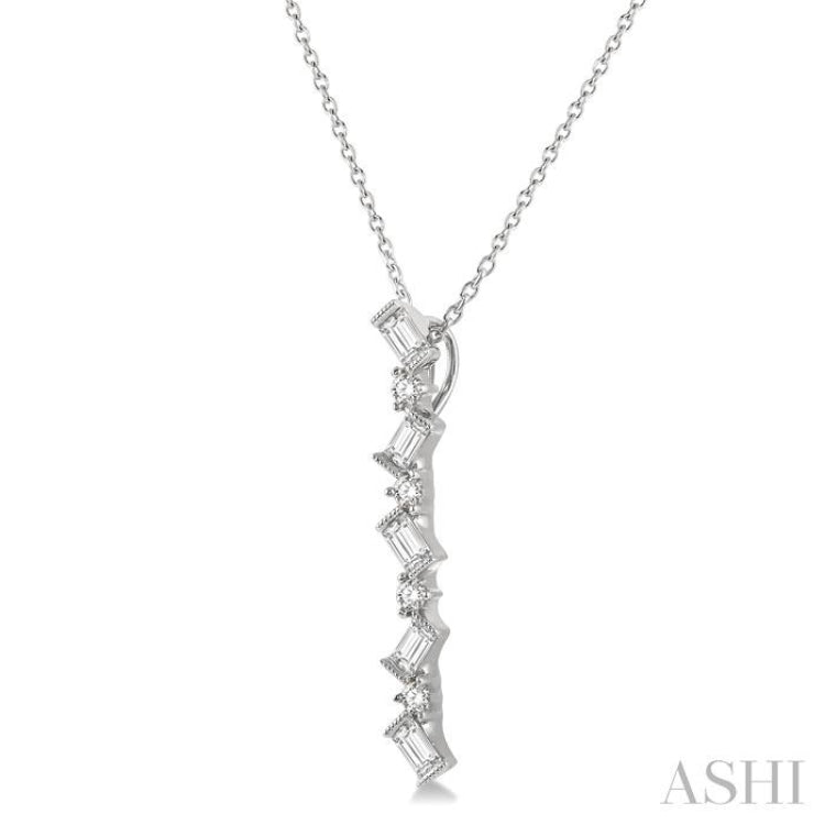 1/3 Ctw Zig-Zag Baguette and Round Cut Diamond Pendant With Chain in 14K White Gold