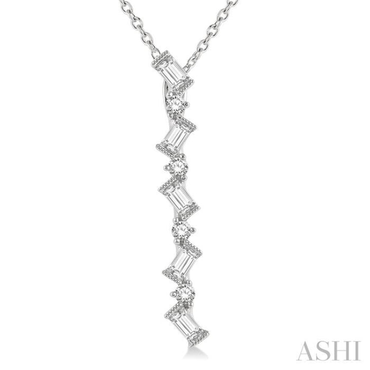 1/3 Ctw Zig-Zag Baguette and Round Cut Diamond Pendant With Chain in 14K White Gold