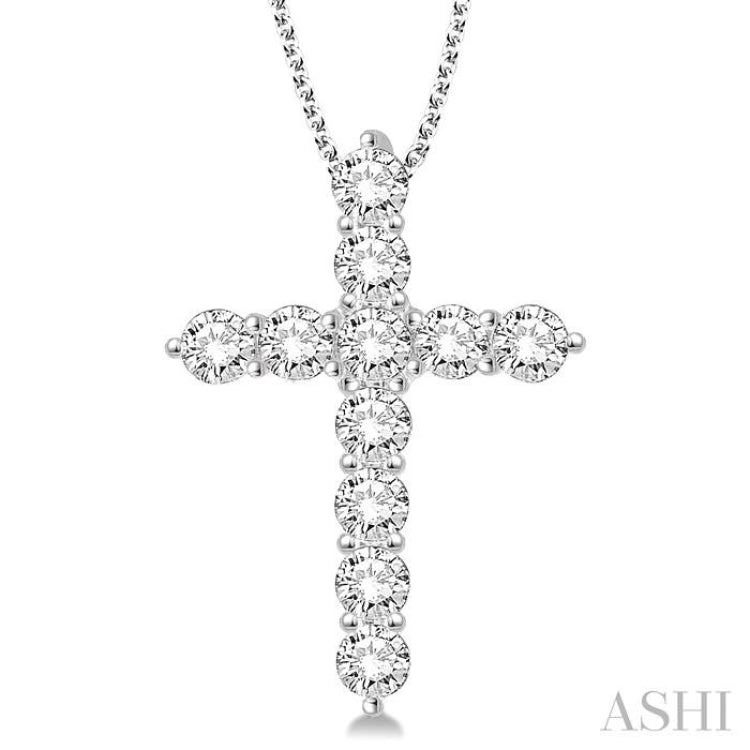2 Ctw Round Cut Diamond Cross Pendant in 14K White Gold with Chain