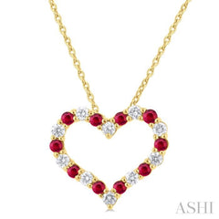 1.80 MM Round Cut Ruby and 1/4 Ctw Open Heart Round Cut Diamond Precious Fashion Pendant With Chain in 14K Yellow Gold