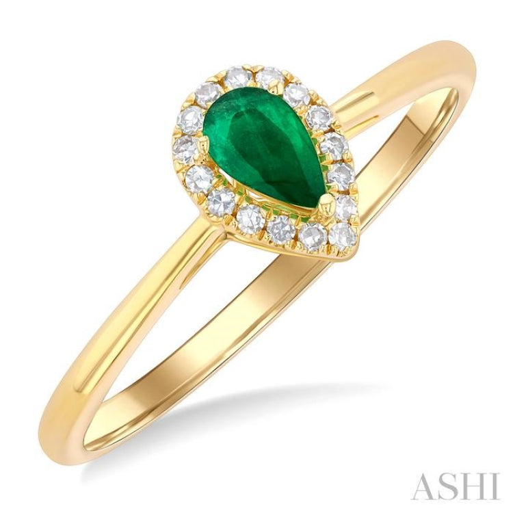 5x3 MM Pear Shape Emerald and 1/20 Ctw Single Cut Diamond Halo Precious Ring in 10K Yellow Gold
