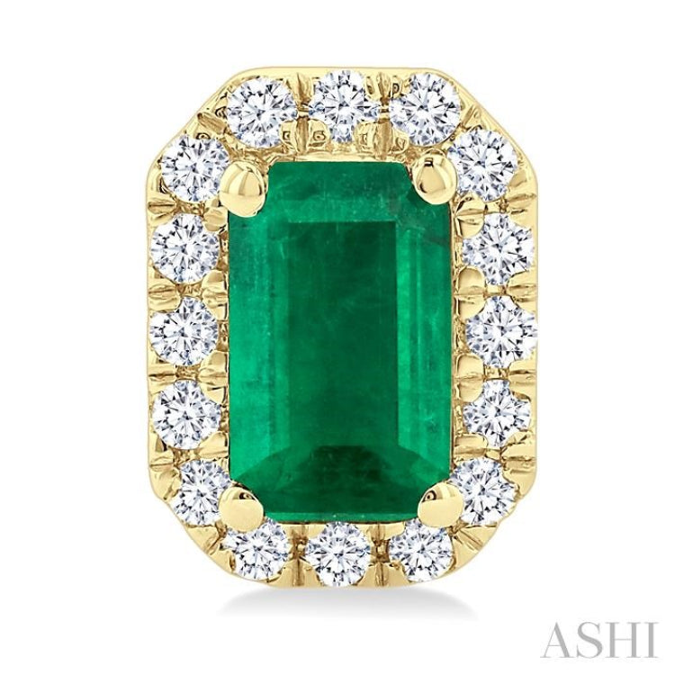 5x3 MM Octagonal Shape Emerald and 1/8 Ctw Single Cut Diamond Halo Precious Stud Earrings in 10K Yellow Gold
