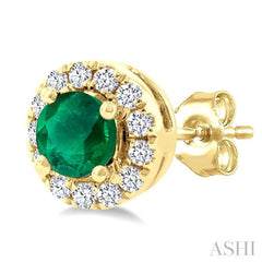 3.25 MM Round Emerald and 1/10 Ctw Single Cut Diamond Halo Precious Stud Earrings in 10K Yellow Gold