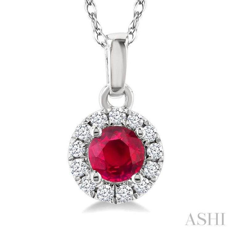 3.25 MM Round Ruby and 1/20 Ctw Single Cut Diamond Halo Precious Pendant with Chain in 10K White Gold