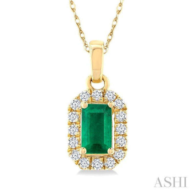 5x3 MM Octagonal Shape Emerald and 1/20 Ctw Single Cut Diamond Halo Precious Pendant with Chain in 10K Yellow Gold