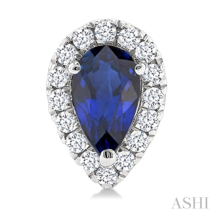 5x3 MM Pear Shape Sapphire and 1/8 Ctw Single Cut Diamond Halo Precious Stud Earrings in 10K White Gold