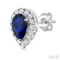 5x3 MM Pear Shape Sapphire and 1/8 Ctw Single Cut Diamond Halo Precious Stud Earrings in 10K White Gold