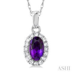 5x3 MM Oval Shape Amethyst and 1/20 Ctw Single Cut Diamond Halo Semi-Precious Pendant with Chain in 10K White Gold
