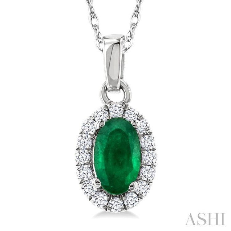 5x3 MM Oval Shape Emerald and 1/20 Ctw Single Cut Diamond Halo Precious Pendant with Chain in 10K White Gold
