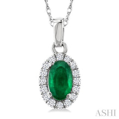 5x3 MM Oval Shape Emerald and 1/20 Ctw Single Cut Diamond Halo Precious Pendant with Chain in 10K White Gold