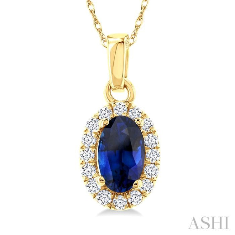 5x3 MM Oval Shape Sapphire and 1/20 Ctw Single Cut Diamond Halo Precious Pendant with Chain in 10K Yellow Gold