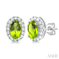5x3 MM Oval Shape Peridot and 1/8 Ctw Single Cut Diamond Halo Semi-Precious Stud Earrings in 10K White Gold