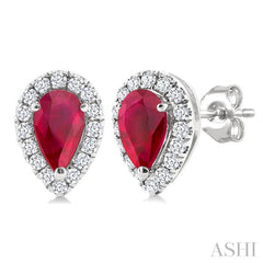 5x3 MM Pear Shape Ruby and 1/8 Ctw Single Cut Diamond Halo Precious Stud Earrings in 14K White Gold
