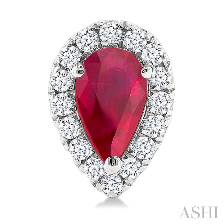 5x3 MM Pear Shape Ruby and 1/8 Ctw Single Cut Diamond Halo Precious Stud Earrings in 14K White Gold