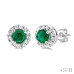 3.25 MM Round Emerald and 1/10 Ctw Single Cut Diamond Halo Precious Stud Earrings in 14K White Gold