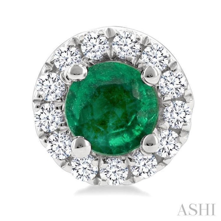 3.25 MM Round Emerald and 1/10 Ctw Single Cut Diamond Halo Precious Stud Earrings in 14K White Gold