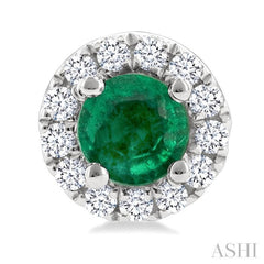 3.25 MM Round Emerald and 1/10 Ctw Single Cut Diamond Halo Precious Stud Earrings in 14K White Gold