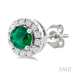 3.25 MM Round Emerald and 1/10 Ctw Single Cut Diamond Halo Precious Stud Earrings in 14K White Gold