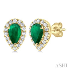 5x3 MM Pear Shape Emerald and 1/8 Ctw Single Cut Diamond Halo Precious Stud Earrings in 10K Yellow Gold