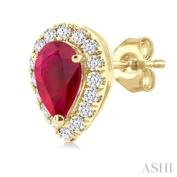 5x3 MM Pear Shape Ruby and 1/8 Ctw Single Cut Diamond Halo Precious Stud Earrings in 10K Yellow Gold